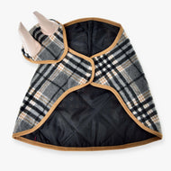 Hobby Horse Set England Grey by LarDen: grey check blanket with black quilted lining, camel binding and matching ear bonnet