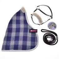 Hobby Horse Set Harmony Victory by LarDen: blue and white plaid blanket, black halter with cream fleece, lead rope, sticker