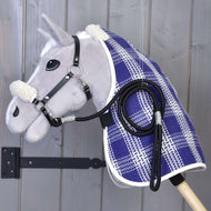Grey plush Hobby Horse wearing Set Harmony Victory: blue plaid blanket, cream fleece trim, black halter and lead rope