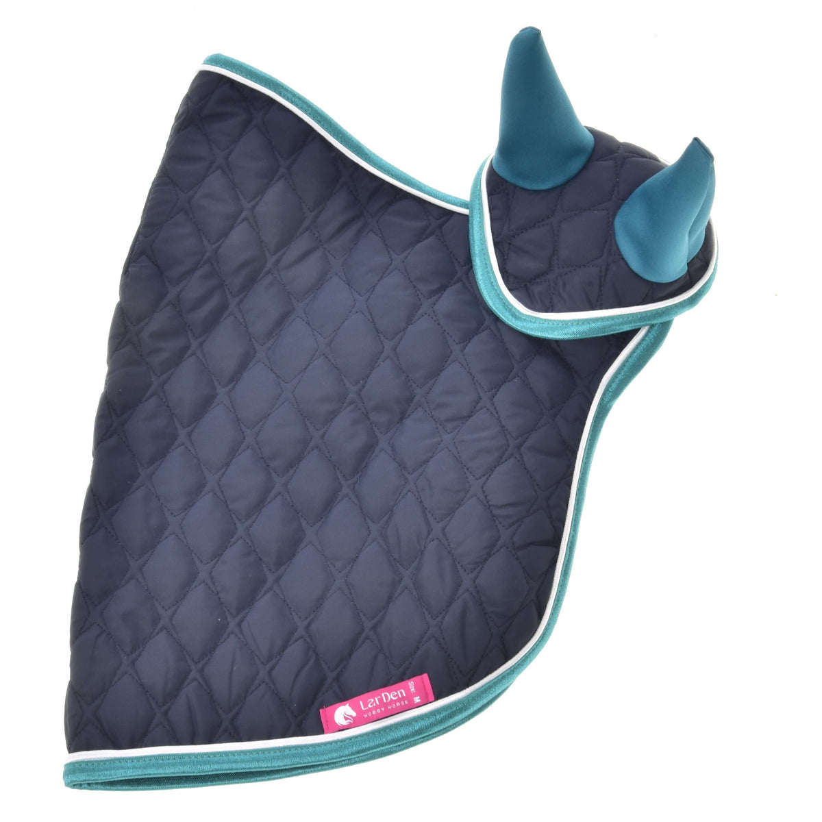 Set Supreme Turquoise laid flat, a diamond-quilted navy blanket with the matching ear bonnet and a pink LarDen label