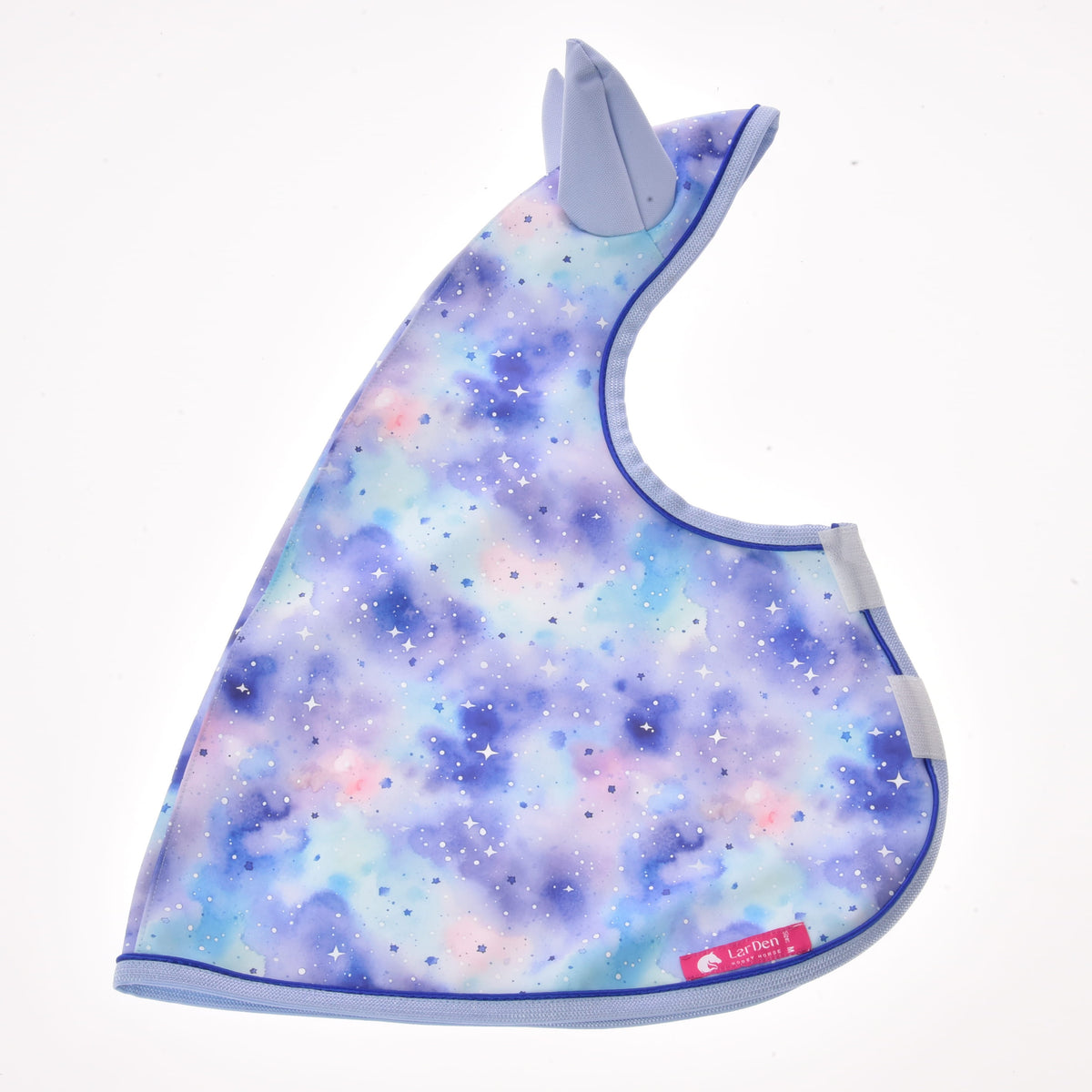 Raincoat Space laid flat with its hood ear, velcro straps and the pink LarDen label on the starry galaxy print