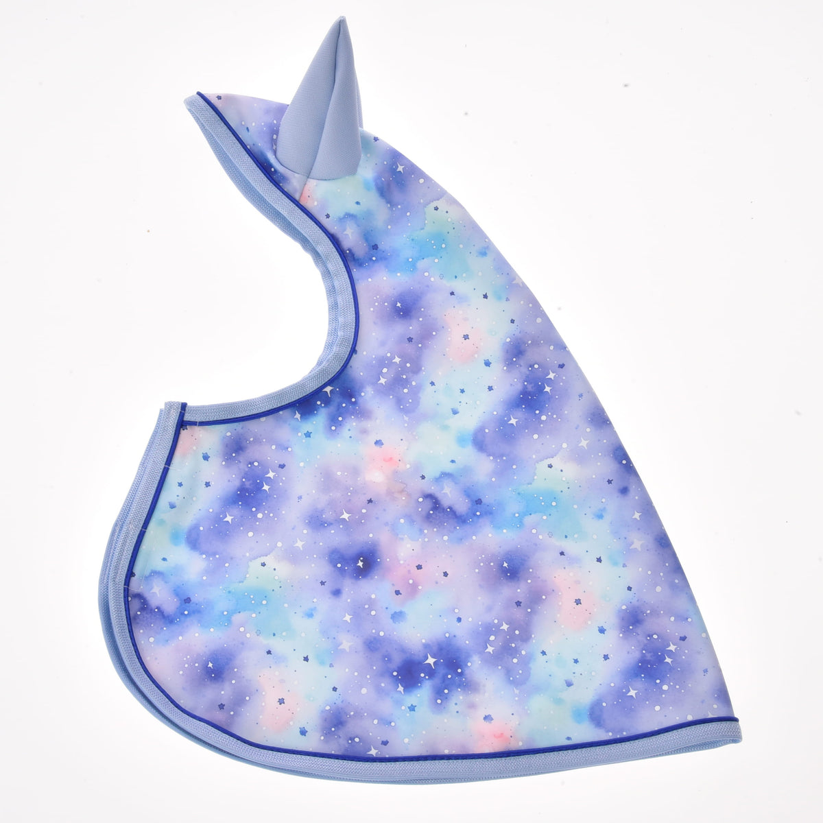 Other side of Raincoat Space laid flat, showing the hood with one light blue ear and the light blue and royal blue edging