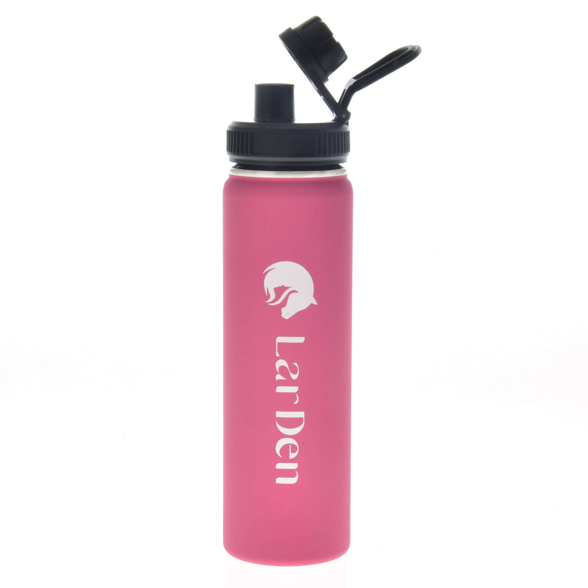 Hobby Horse sportfles LarDen in roze met wit paardenhoofdlogo en zwarte tuitdop met draaglus