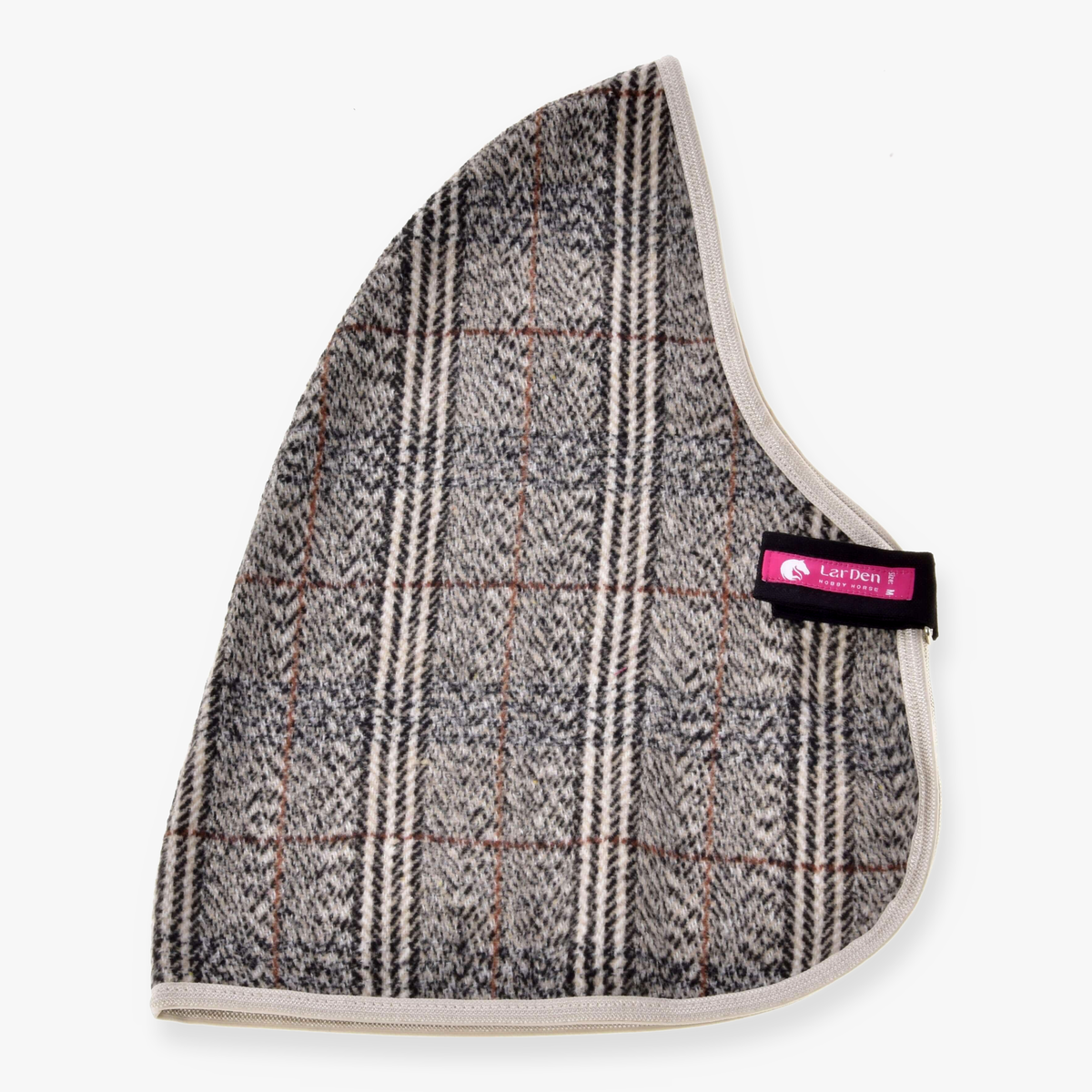Hobby Horse Stable Blanket Fine Check by LarDen in grey and cream herringbone check with rust lines and beige binding