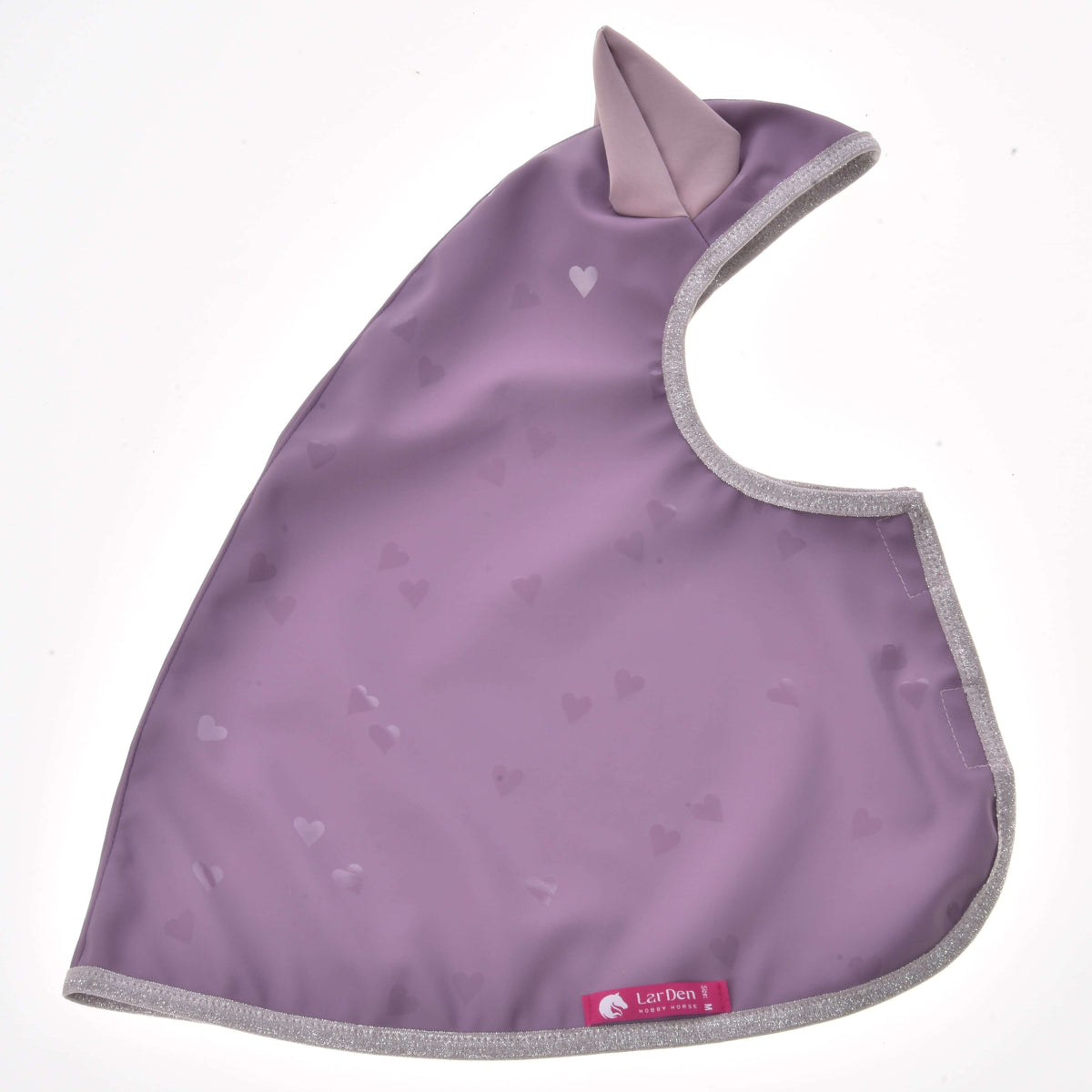 Hobby Horse Raincoat Sweetheart laid flat, lilac heart print with a pale pink ear, silver glitter binding and pink label