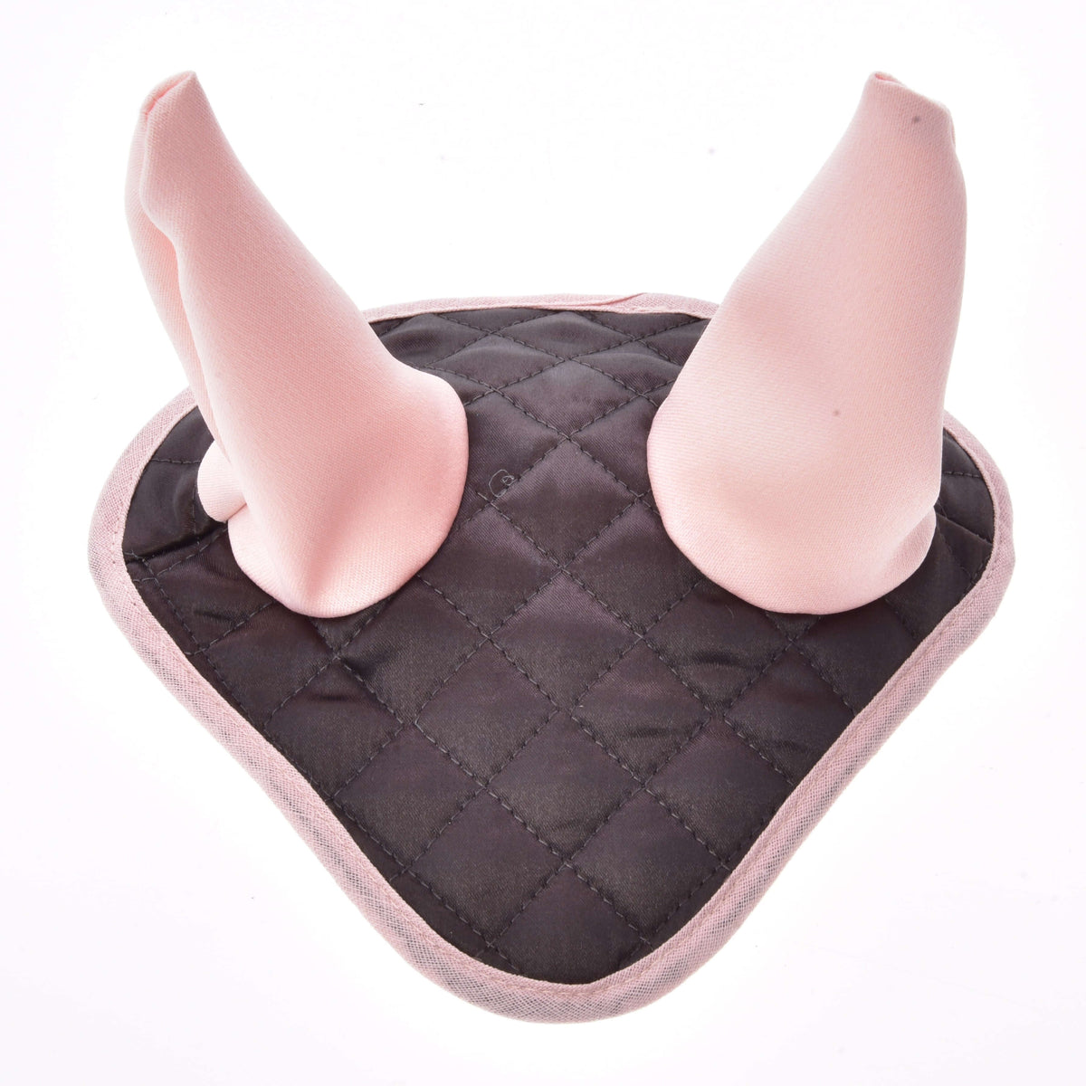 Le bonnet d’oreilles de l’ensemble Thermo Sweety seul : satin matelassé brun foncé, oreilles rose clair et bordure rose