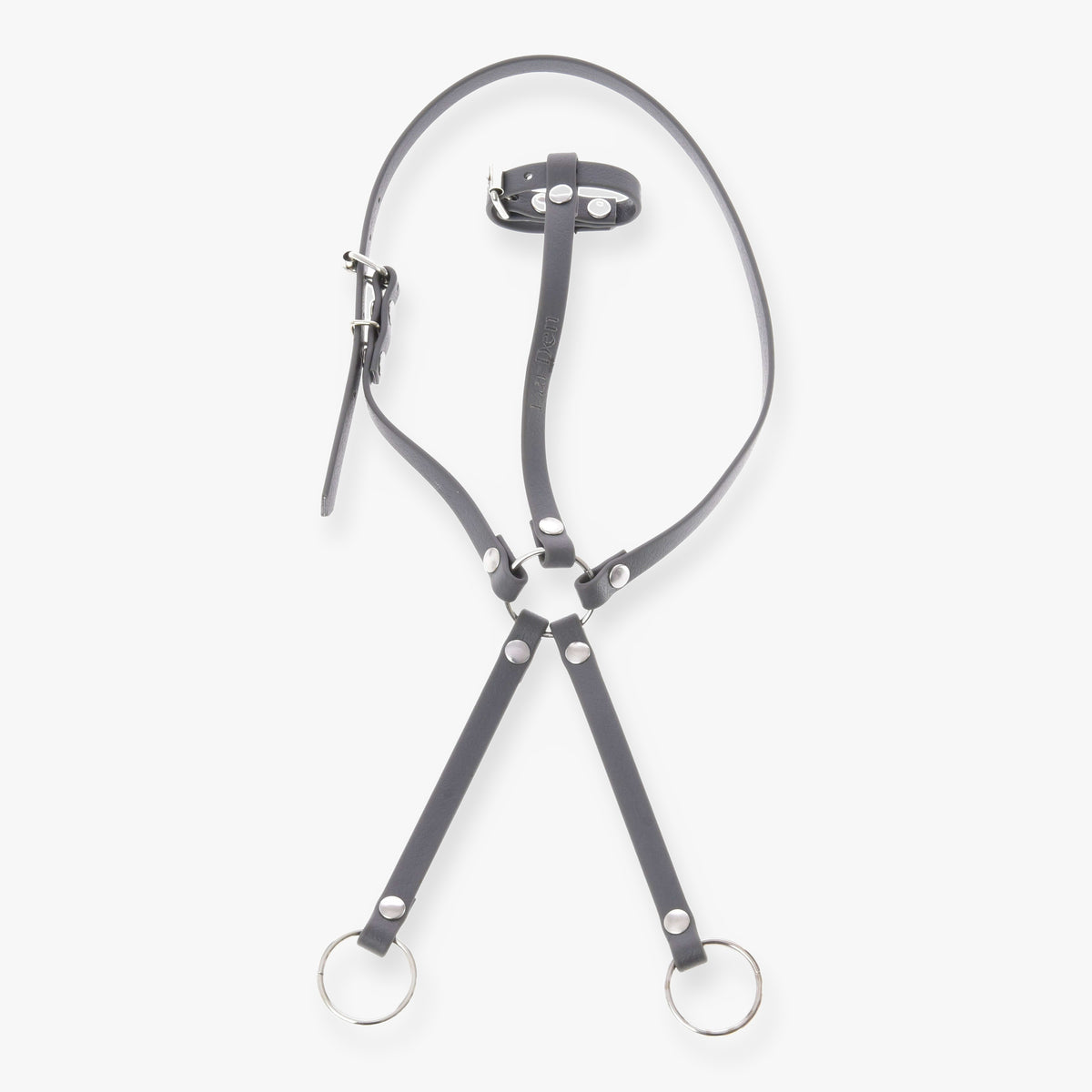 Hobby Horse martingaal donkergrijs van LarDen, halsriem van grijs kunstleer met gesp, middenring en twee gaffels met ringen