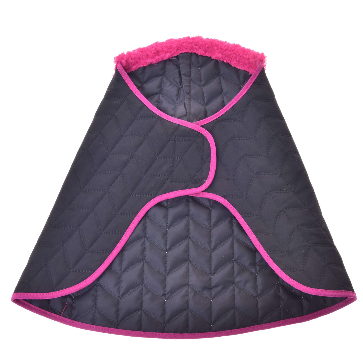 Couverture matelassée noire pour Hobby Horse de l'ensemble dépliée, avec bordure rose vif et col en fourrure rose