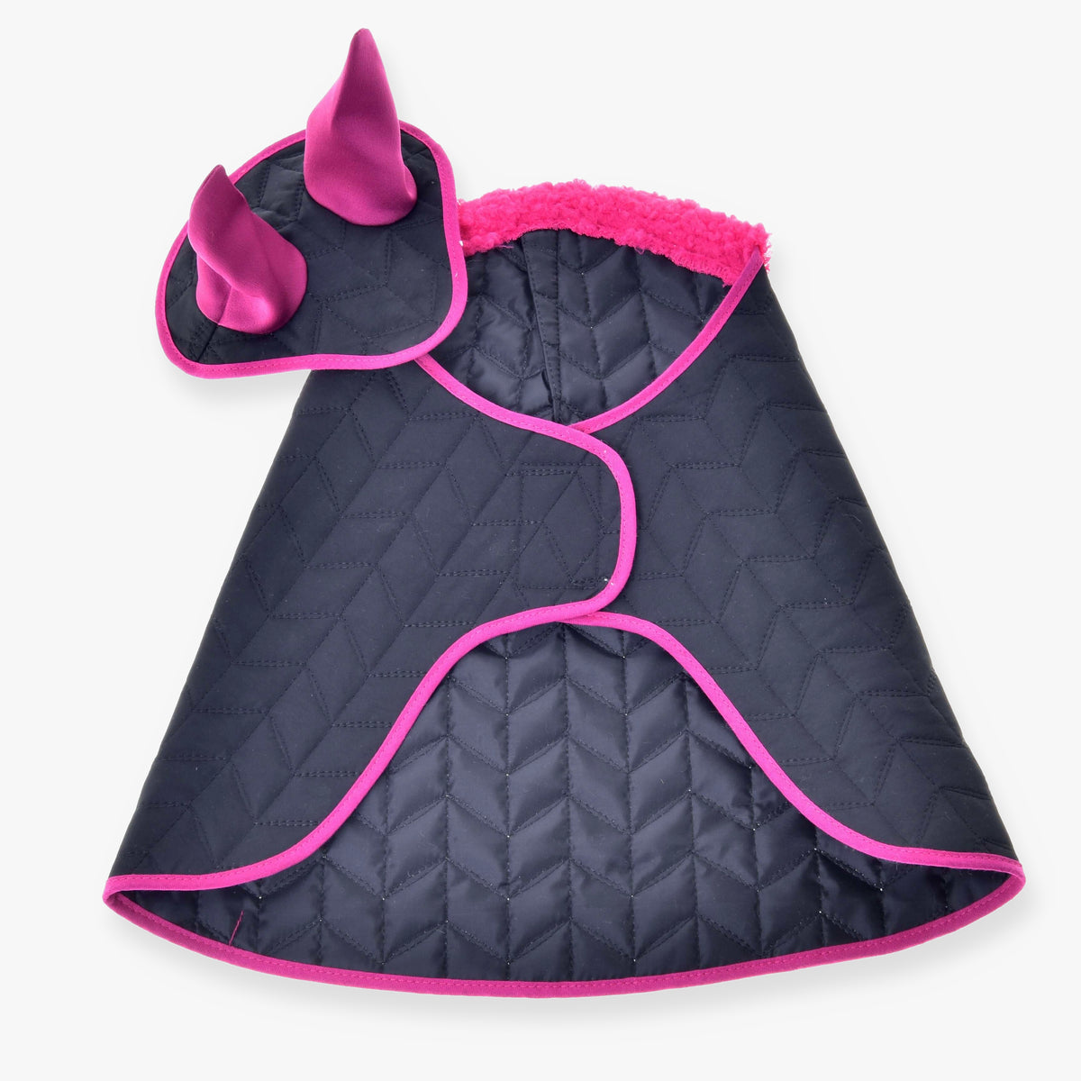 Ensemble Thermo Noir avec Fourrure pour Hobby Horse de LarDen : couverture et bonnet d'oreilles matelassés noirs, bordure, col et oreilles roses
