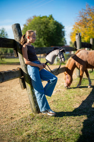 Girl leaning on a paddock fence in autumn sun with Hobby Horse Thor in a black bridle, a chestnut pony grazing behind