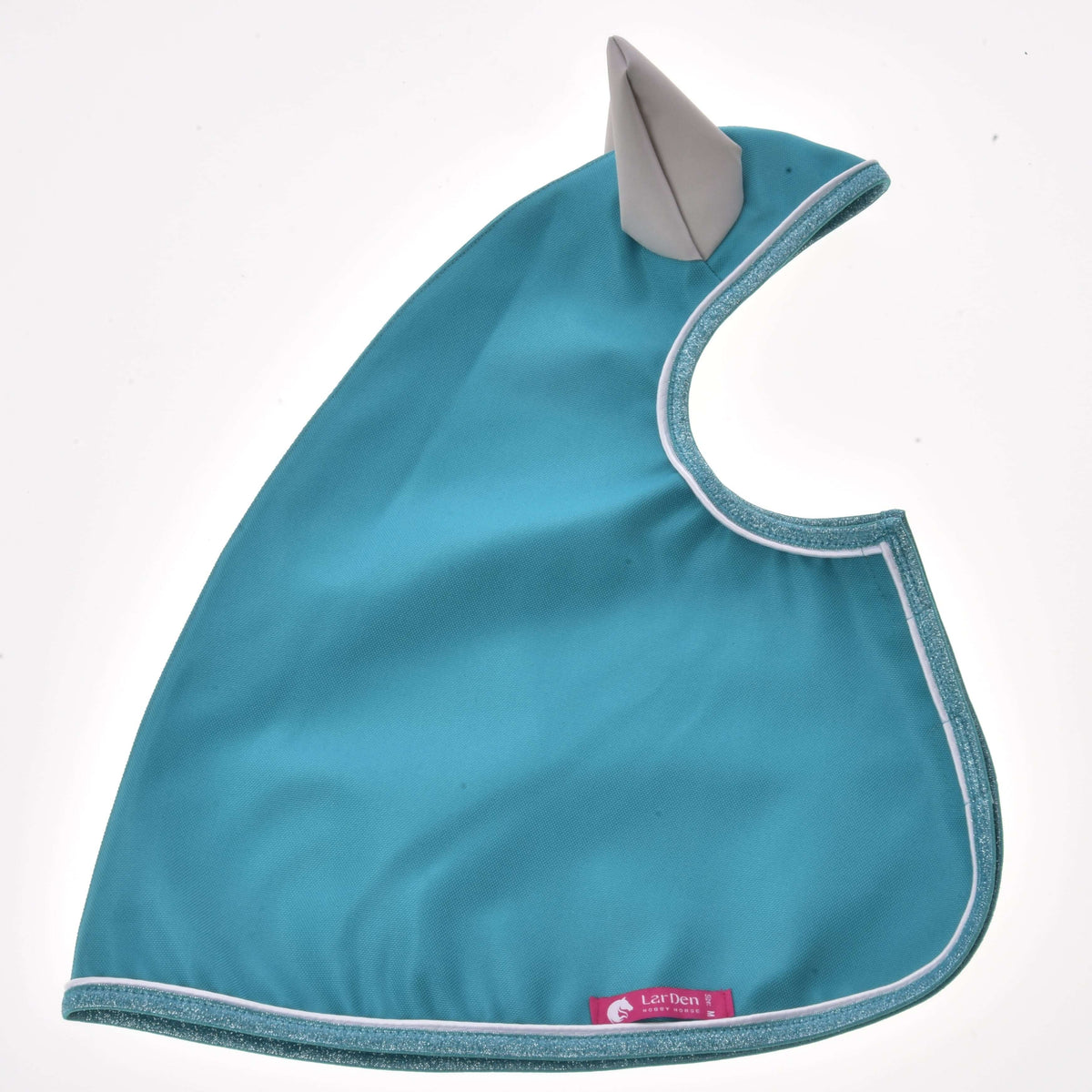 Imperméable turquoise pour Hobby Horse à plat, oreille gris clair, bordure turquoise pailletée à passepoil blanc et étiquette rose