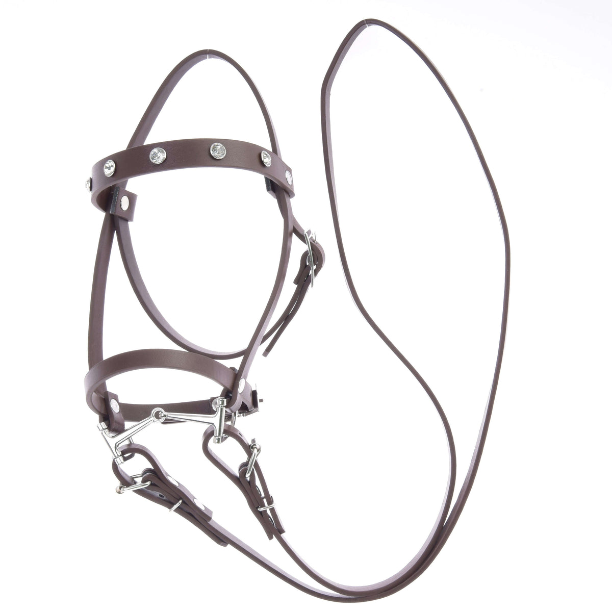 La bride marron avec diamants pour Hobby Horse entière sur fond blanc : frontal à strass, muserolle, mors argenté et longues rênes en similicuir