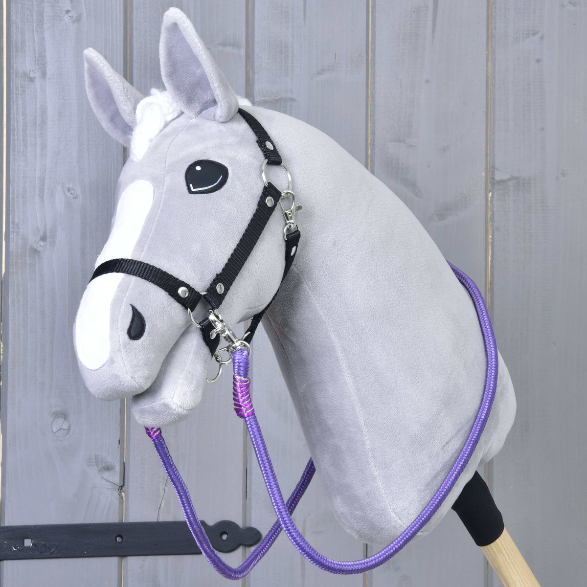Light grey Hobby Horse in a black halter wearing the purple Reins Viola clipped to both sides of the halter