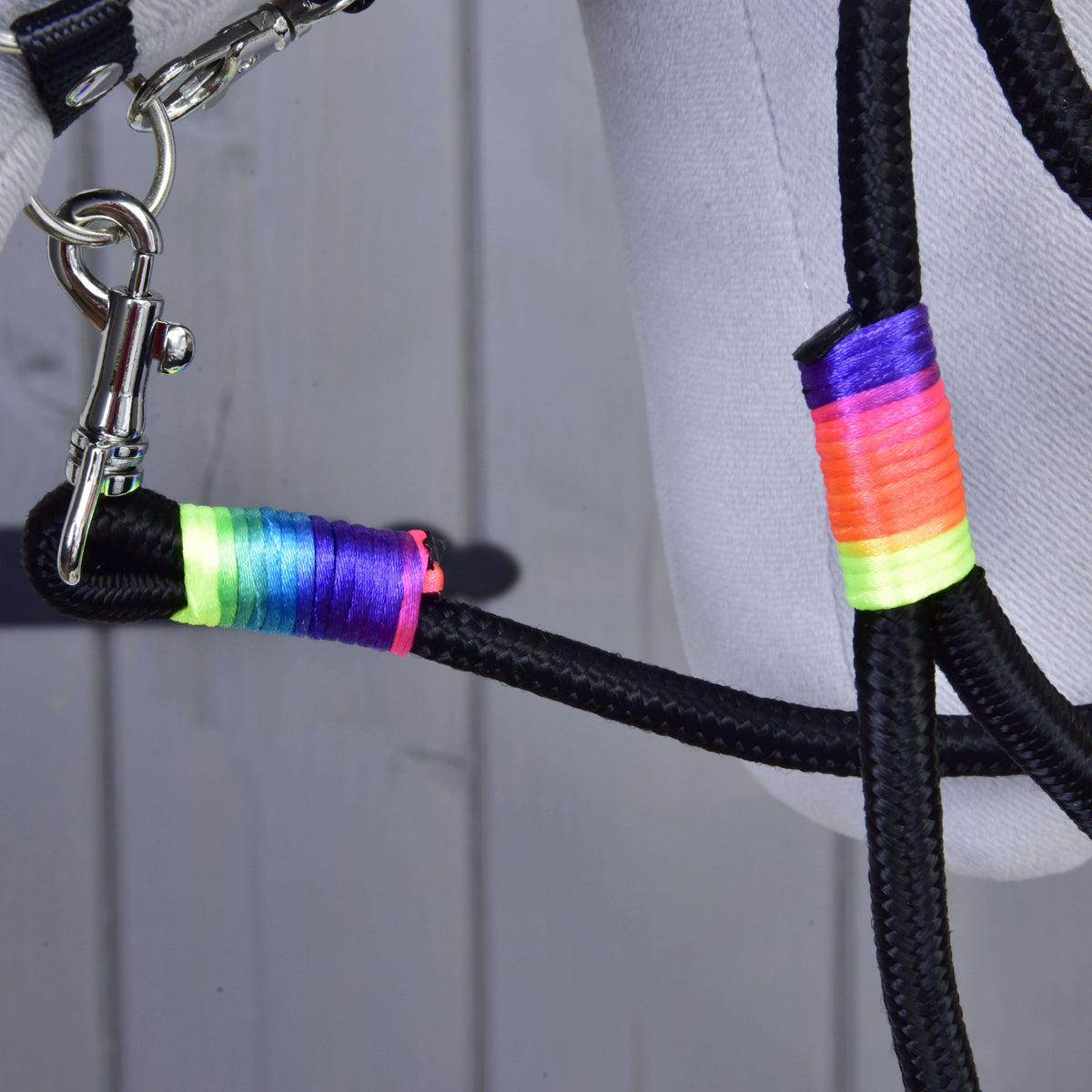 Close-up van de neon regenboogwikkels op het zwarte halstertouw en de zilveren karabijnhaak aan het halster