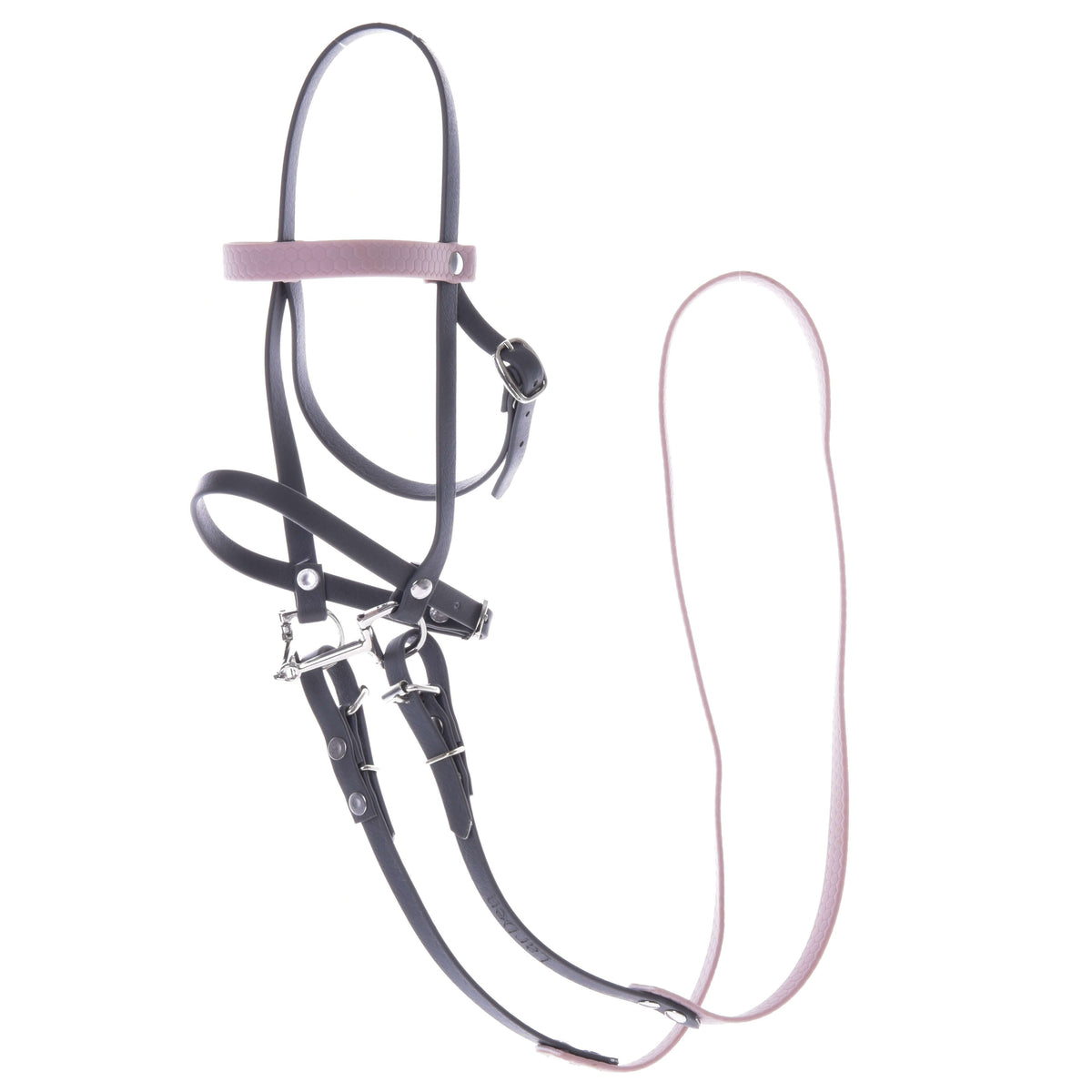 Hobby Horse complete grey leatherette bridle with pink headband, metal bit and pale pink reins, hanging against white