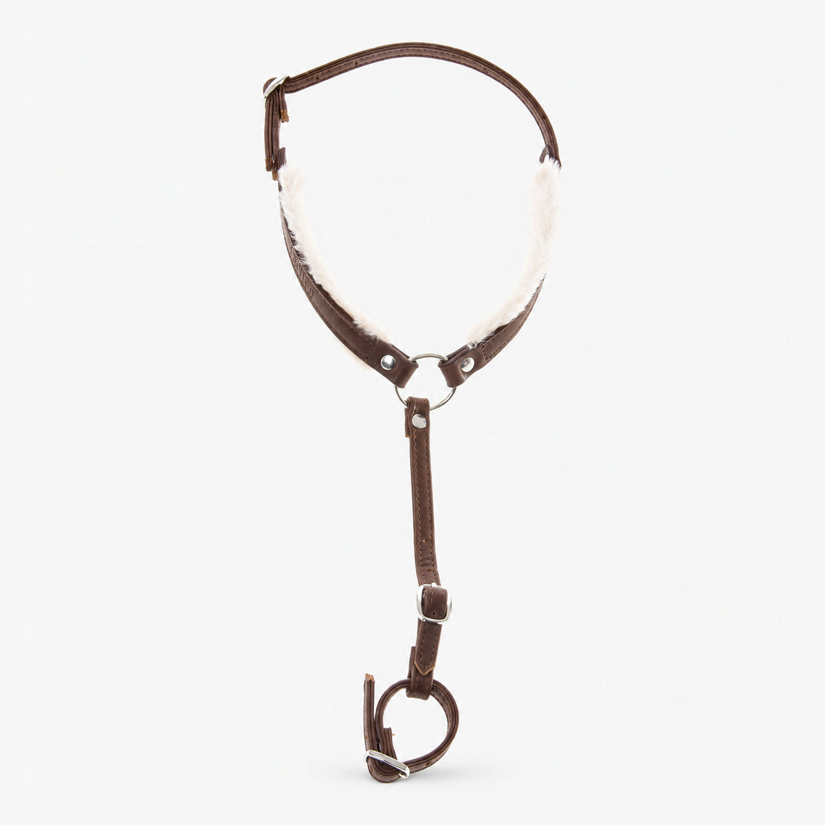 Hobby Horse Breastgirth with fur Walnut by LarDen in dark brown leatherette with cream fur lining and a silver centre ring