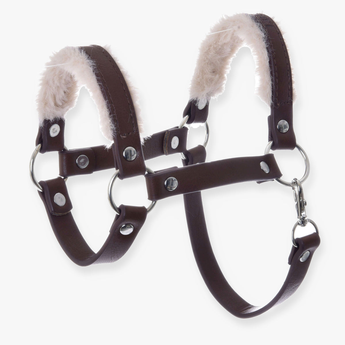 Halster met bont - kunstleer Walnut van LarDen voor Hobby Horse, donkerbruin halster met crèmekleurig bont en zilveren ringen