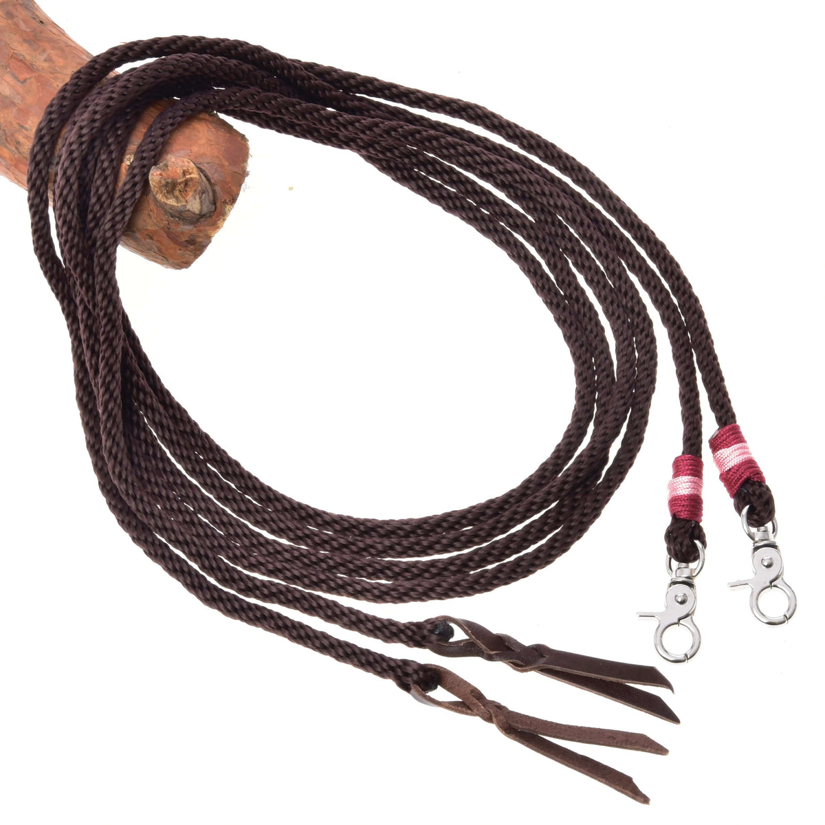 Open westernteugels Kansas voor Hobby Horse van LarDen van donkerbruin touw met bordeaux-roze omwikkelingen en leren uiteinden