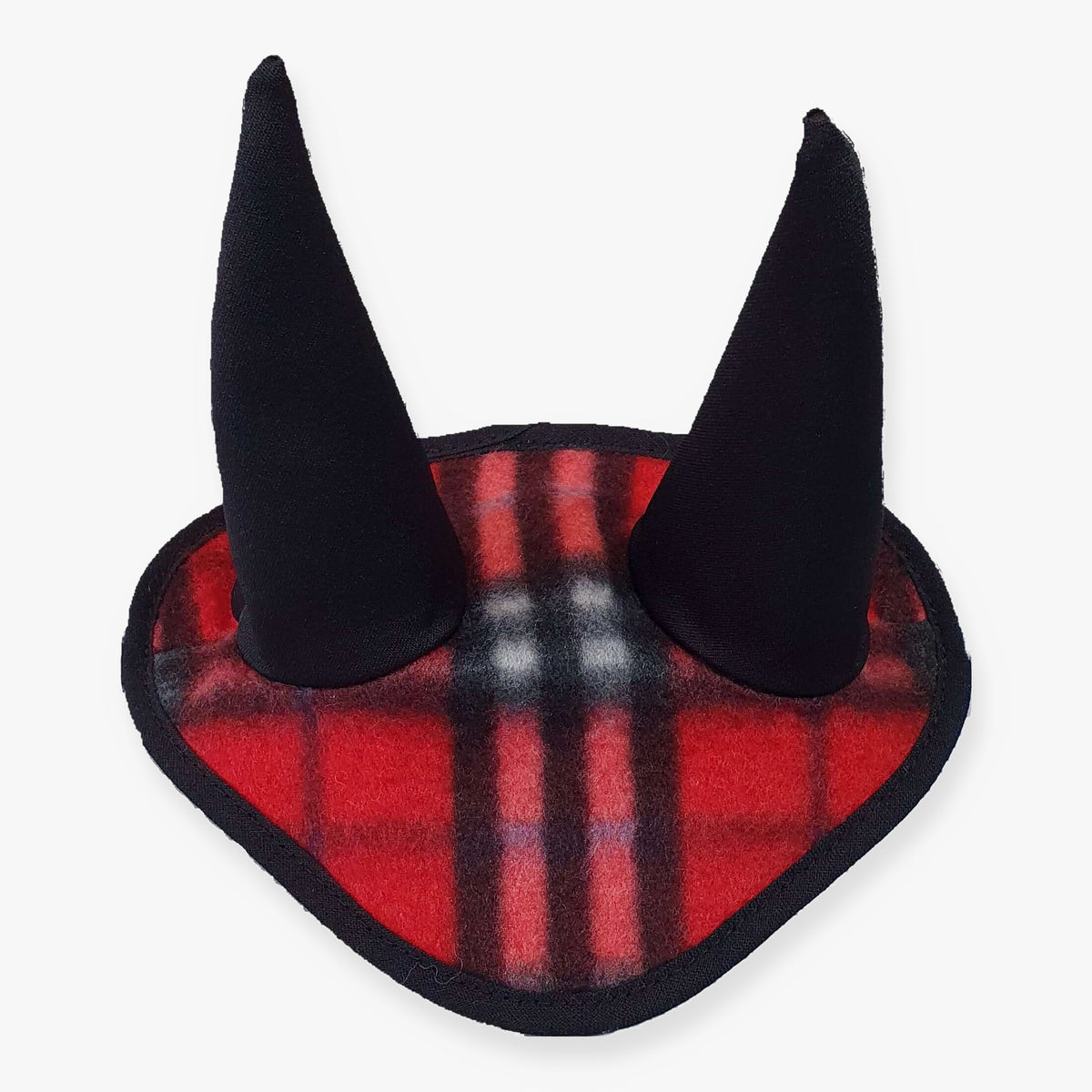 Bonnet d’oreilles à carreaux rouge de LarDen pour Hobby Horse en polaire écossaise, bordure noire et oreilles noires