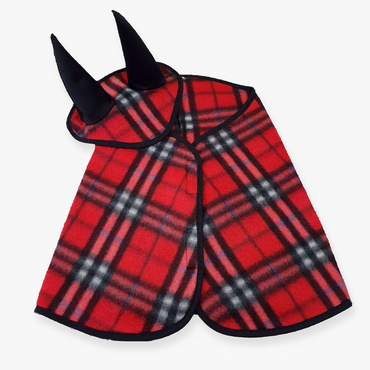 Hobby Horse Set checkered red fleece by LarDen: red tartan blanket and matching ear bonnet with black trim