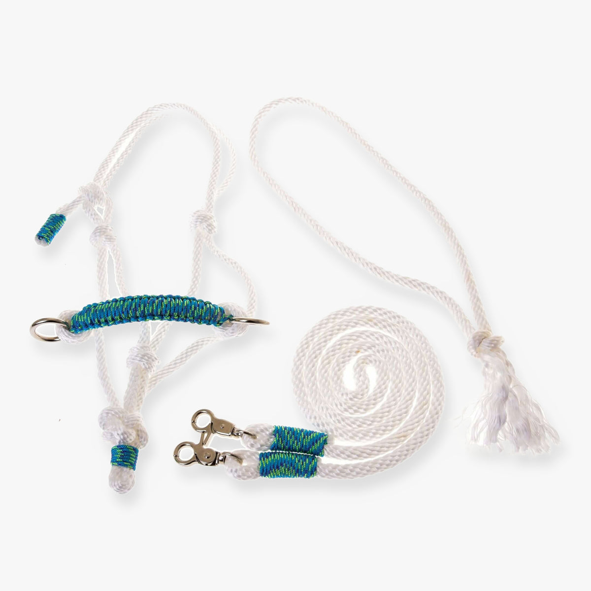 Ensemble de corde blanc festif de LarDen pour Hobby Horse : licol en corde blanc, cordéo à pompon et rênes à tressage turquoise et vert