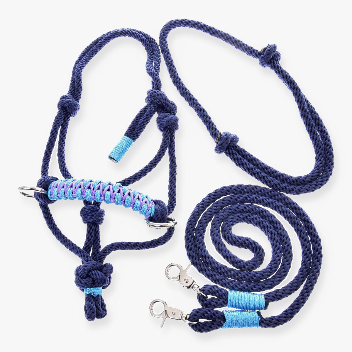 Hobby Horse touwset Dark Blue van LarDen: marineblauwe touwhalster met turquoise-lila neusriem, cordéo en teugels