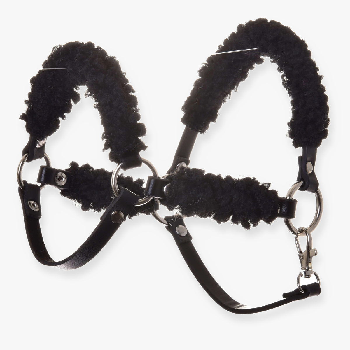 LarDen Hobby Horse Black halter with complete black fur - leatherette, thick curly fur and silver rings