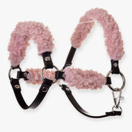 Licol noir avec fourrure Old Rose complète - similicuir de LarDen pour Hobby Horse, fourrure bouclée vieux rose et anneaux argentés