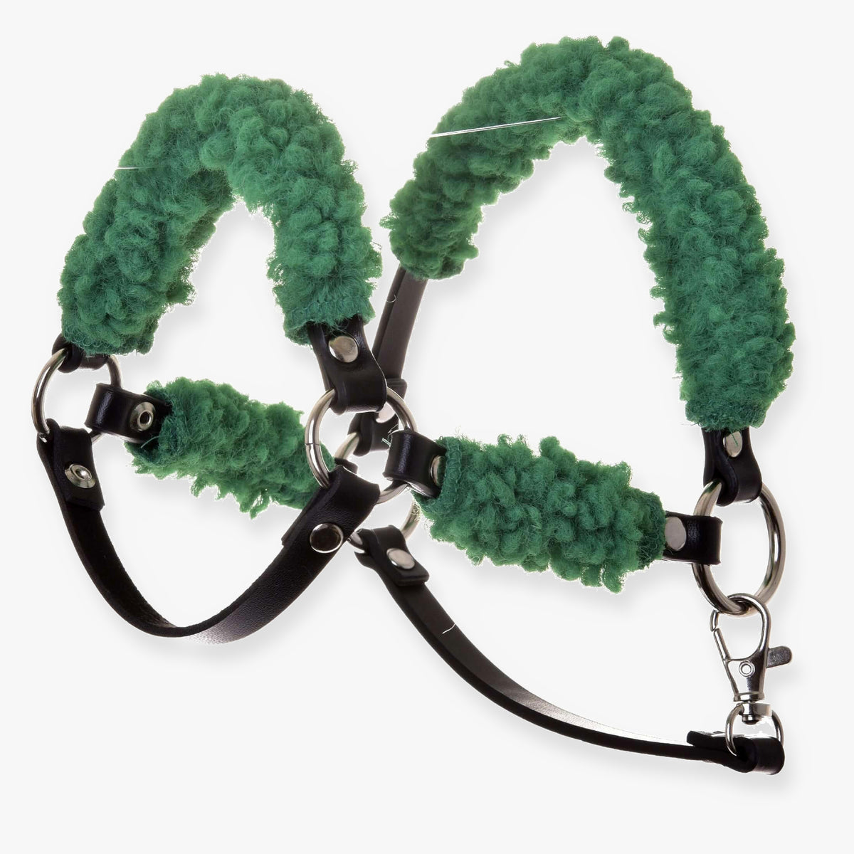 Licol noir avec fourrure verte complète - similicuir pour Hobby Horse de LarDen, fourrure bouclée verte et anneaux argentés