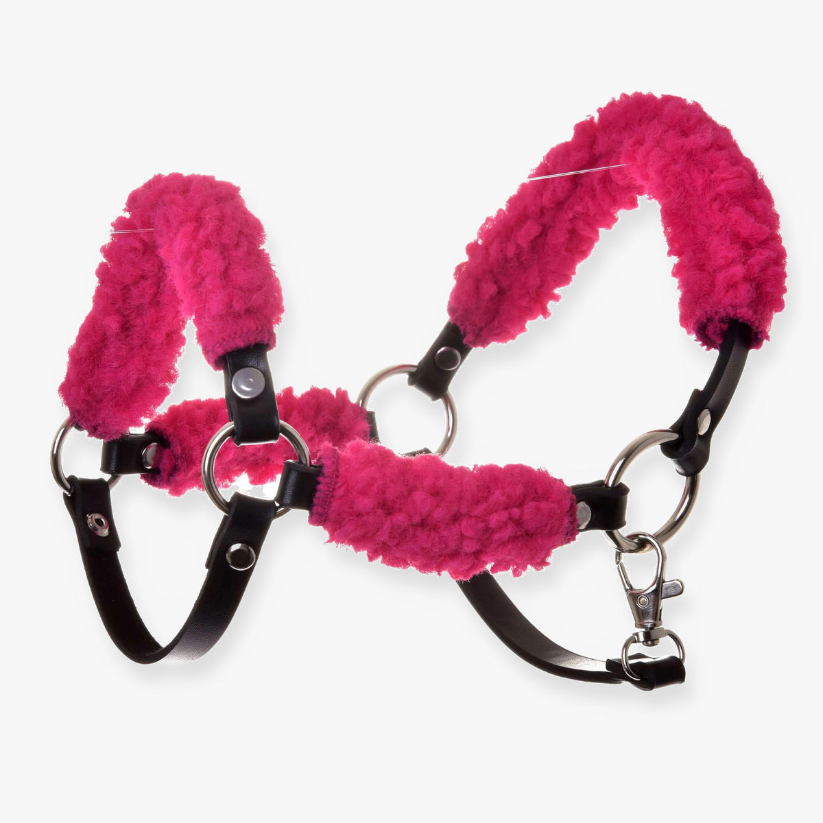 Licol noir avec fourrure rose complète - similicuir de LarDen pour Hobby Horse, fourrure bouclée rose vif et anneaux argentés