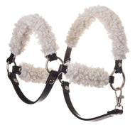 Licol noir avec fourrure complète - similicuir de LarDen pour Hobby Horse, fourrure bouclée crème et anneaux argentés