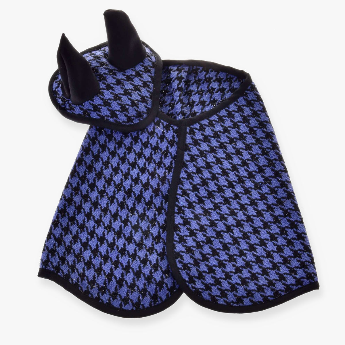 LarDen Hobby Horse Set festive checkered blue: blue and black houndstooth blanket and ear bonnet, black trim