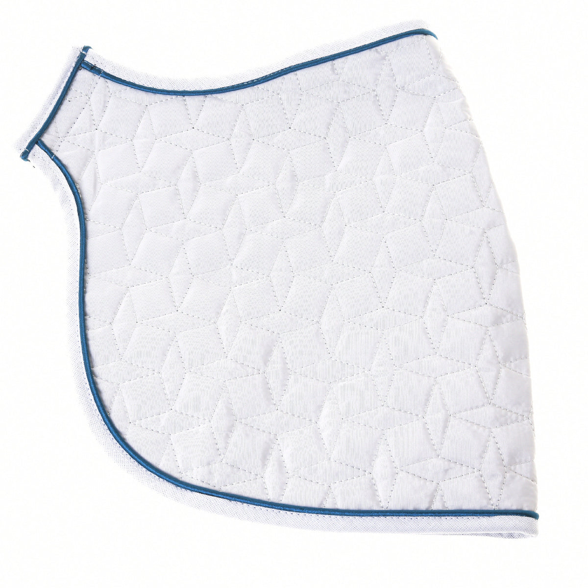 White Thermo Pearl blanket laid flat from the side, showing the star-shaped quilting and teal-blue piping on white