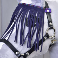 Close-up of the dark purple fringe with an iridescent woven trim on the black leatherette Hobby Horse halter