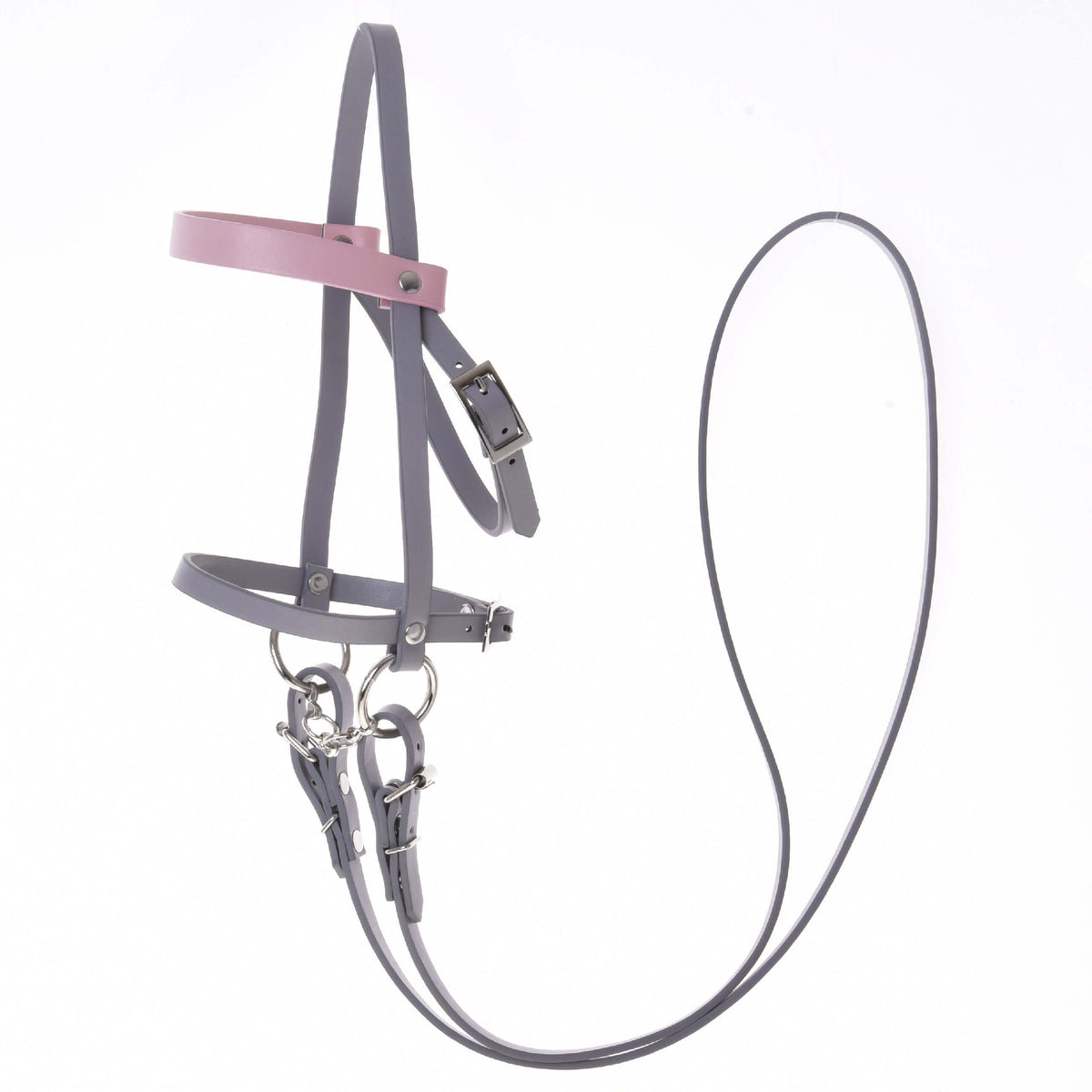 Grey leatherette Hobby Horse bridle with a pale pink browband and long grey reins on a white background
