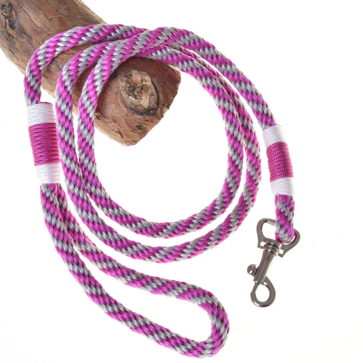 Hobby Horse Lead rope stripe pink by LarDen in pink and grey twisted rope with white whipping and a snap hook, on a branch