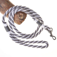 Hobby Horse Lead rope stripe silver by LarDen in grey and white twisted rope with grey whipping and a snap hook, on a branch