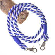 Hobby Horse Reins blue stripe by LarDen in blue and white twisted rope with blue whipping and a snap hook at each end