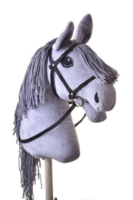 Grey plush Hobby Horse with a long grey yarn mane wearing the black webbing bridle with reins, white background